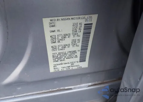 2011 Nissan Armada Platinum из США, поврежденный, VIN 5N1BA0NF3BN620376